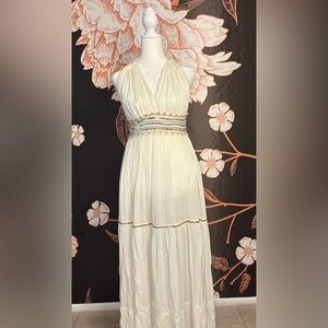 ROMANTIC Grecian Goddess White Halter Backless Beaded Empire Waist Maxi Dress